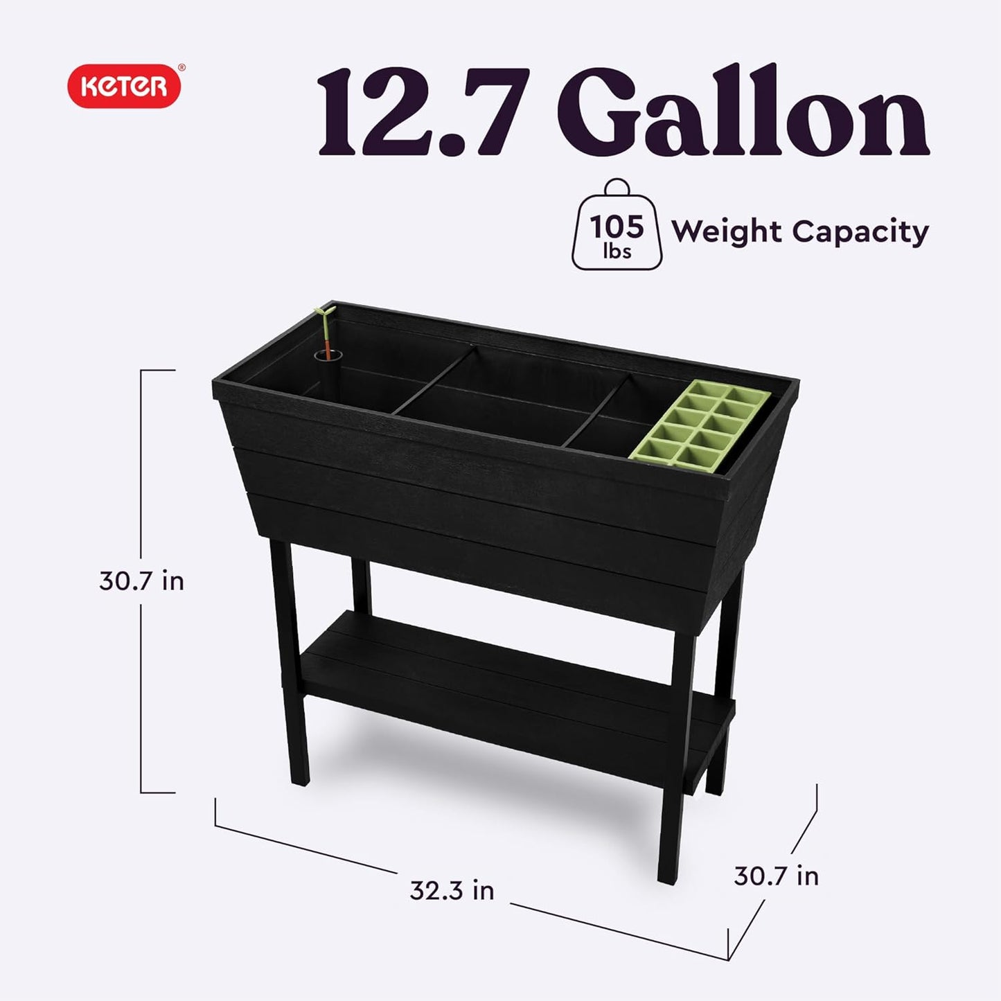 Keter Urban Bloomer 12.7 Gallon Raised Garden Bed and Outdoor Herb Garden Planter with Self Watering Gauge and Drainage Plug, Dark Grey