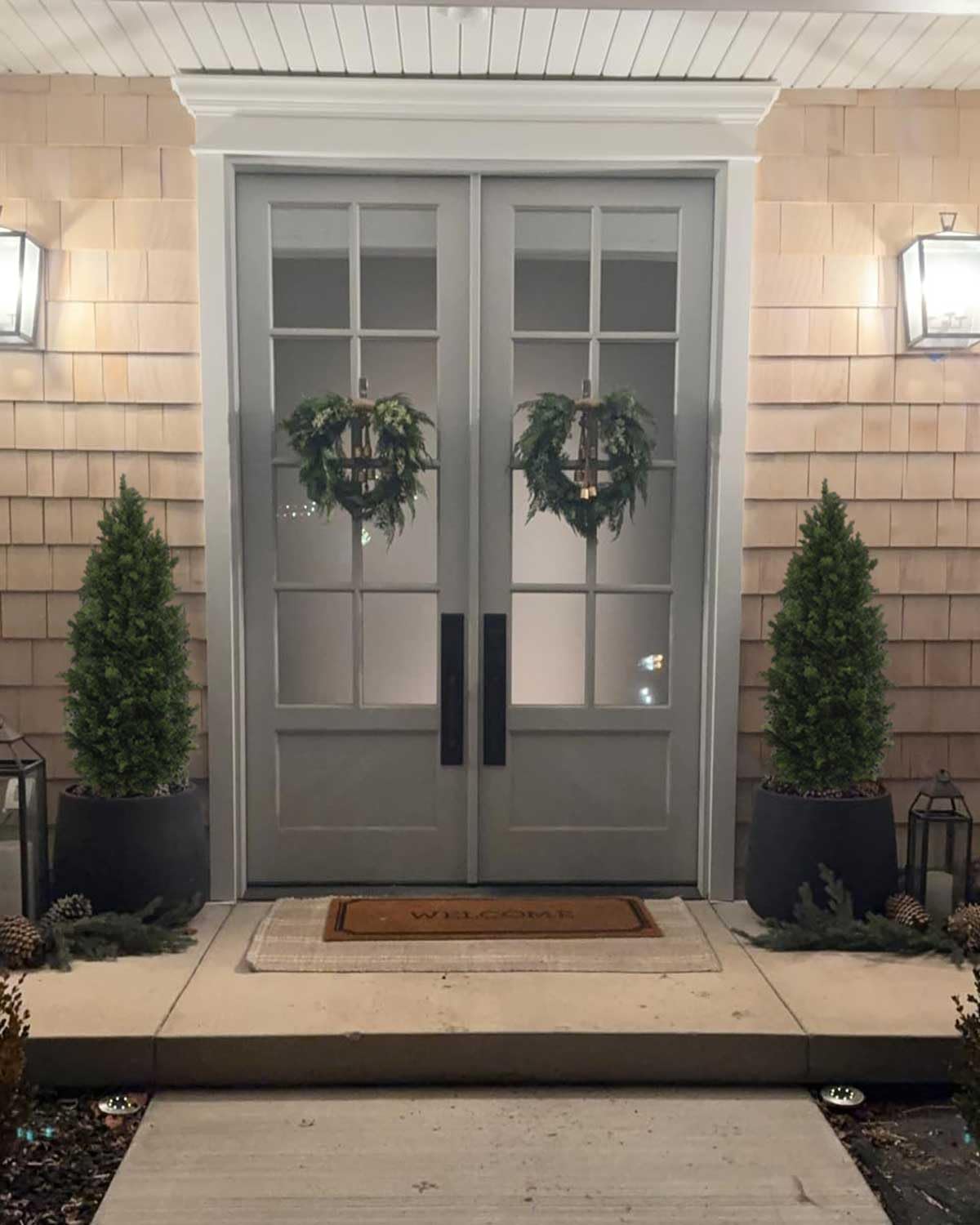 Aveyas 5ft Artificial Cedar Topiary Trees for Outdoor Front Porch Door, 5 Feet Faux Potted Plants Evergreen Fake Pine Cypress Tree for Outside Home Decor (5 ft Tall) - Set of 2 Pack