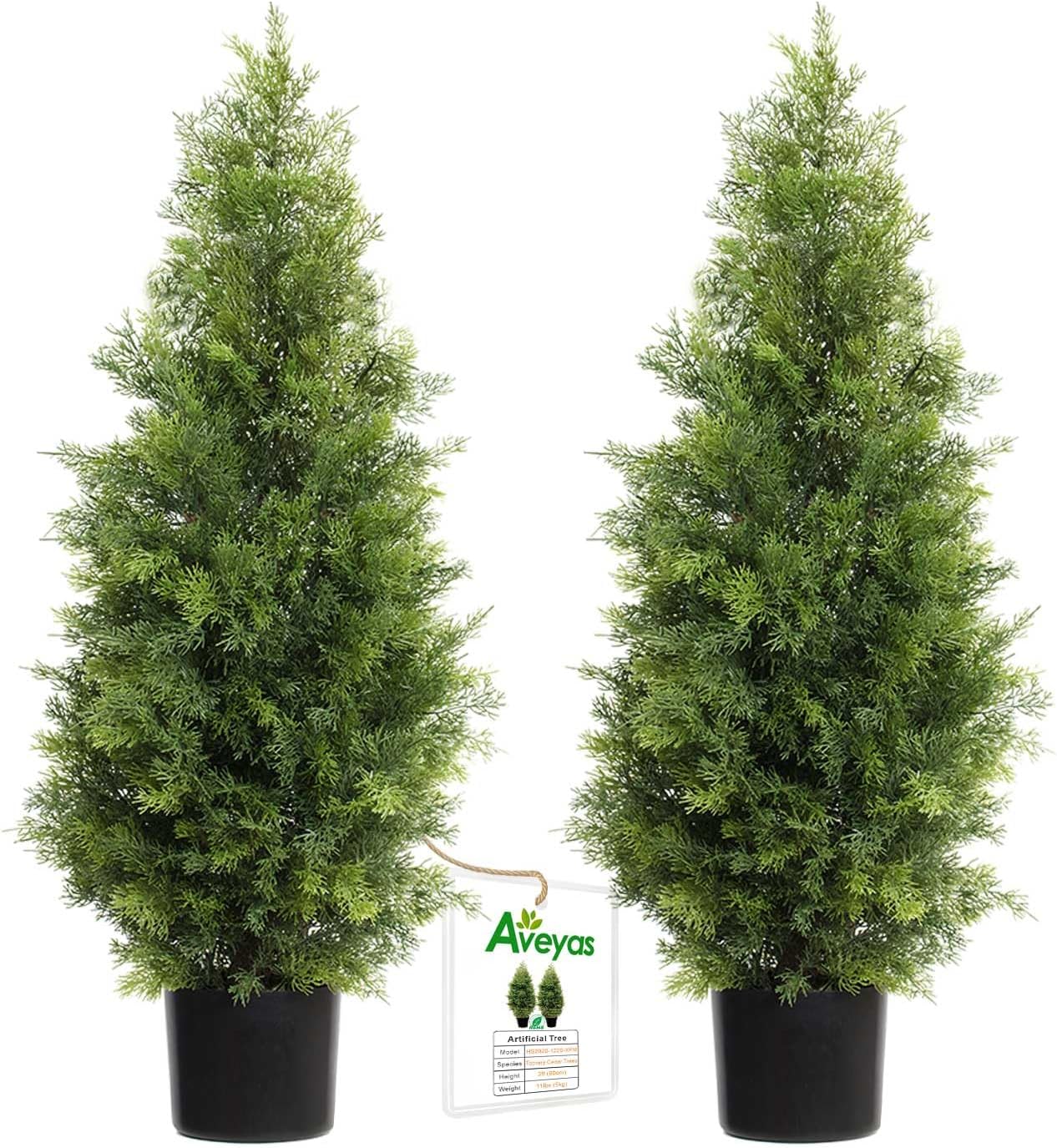 Aveyas 5ft Artificial Cedar Topiary Trees for Outdoor Front Porch Door, 5 Feet Faux Potted Plants Evergreen Fake Pine Cypress Tree for Outside Home Decor (5 ft Tall) - Set of 2 Pack
