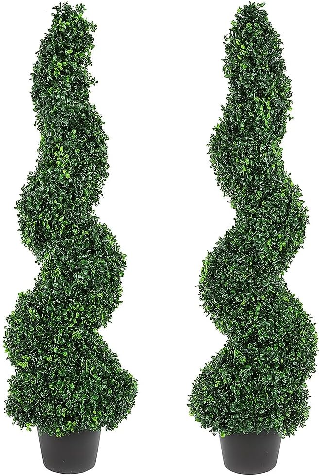 Pure Garden Faux Tree Boxwood Topiary Plant (Set of 2) - 50-Inch Spiral Artificial Tree with Realistic Leaves and Planter - Indoor and Outdoor Artificial Plants for Home Decor