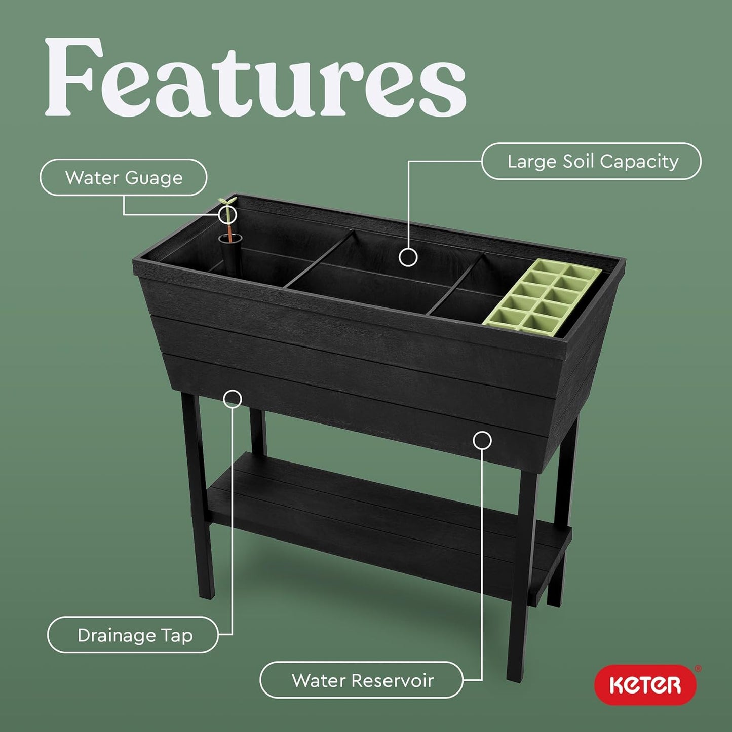 Keter Urban Bloomer 12.7 Gallon Raised Garden Bed and Outdoor Herb Garden Planter with Self Watering Gauge and Drainage Plug, Dark Grey