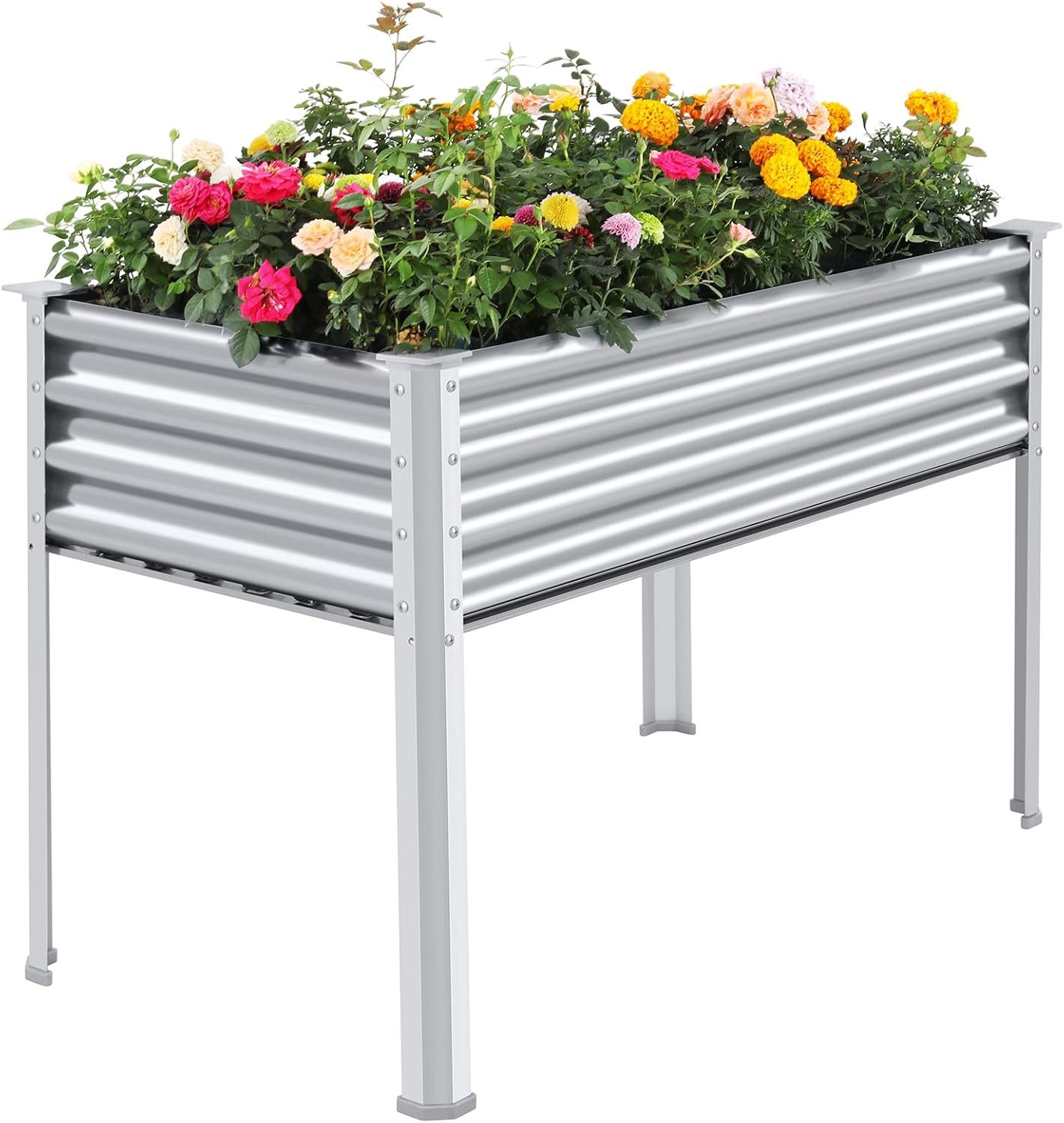 Land Guard Galvanized Raised Garden Bed with Legs, 96×24×32in Raised Garden Beds Outdoor with Drainage Holes, Planter Boxes Outdoor for Backyard, Patio, Balcony, 800lb Capacity, Silver