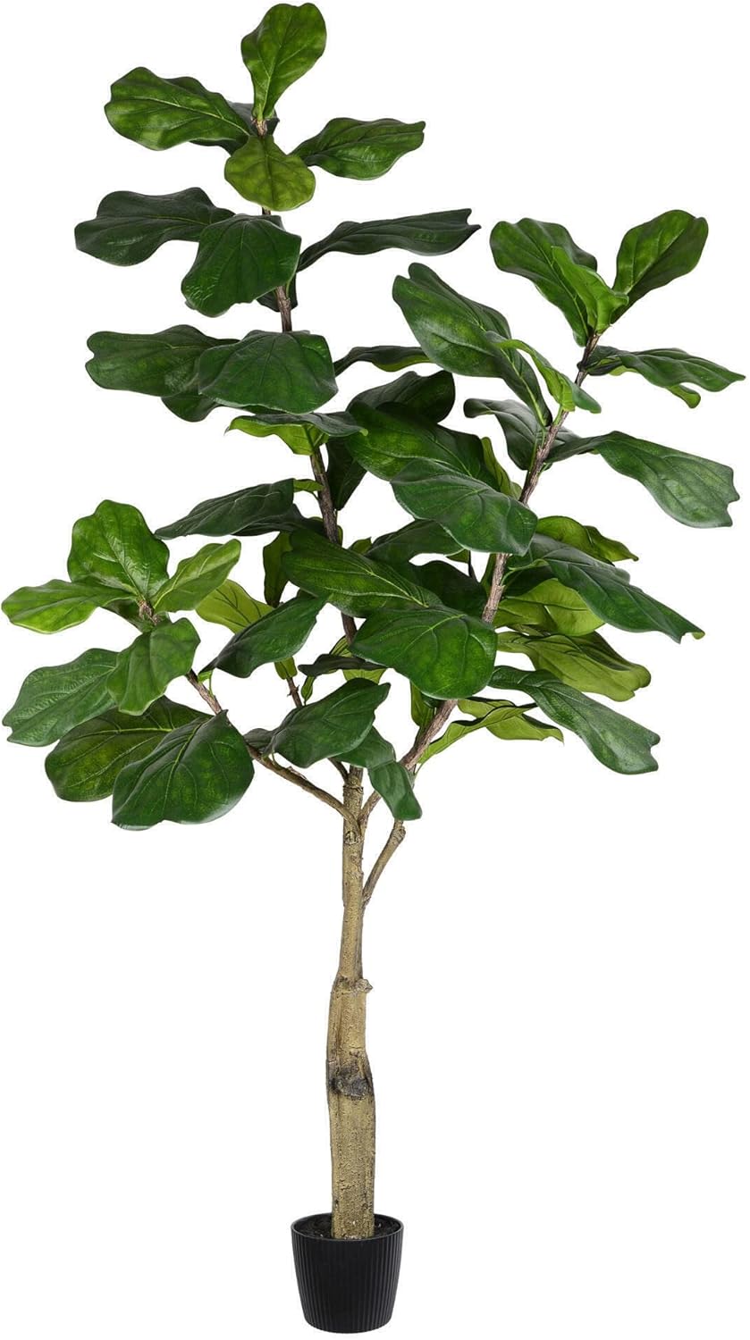 Vickerman 8ft Artificial Potted Fiddle Tree - 114 Large Fiddle Leaves - Green Silk - Artificial Indoor Fiddle Plant - Single Stem - Home Office Decor - Living Room Decor