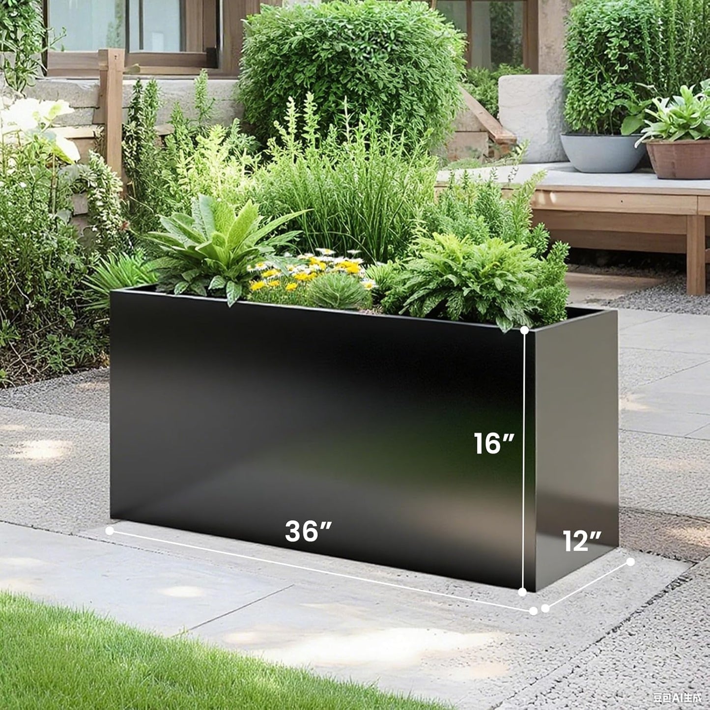 Steel Planter 36" x 12" x 16" Metal Rectangle Outdoor Planter Black Powder Coated Flower Box Metallic Heavy Pot Indoor & Outdoor, Commercial & Residential (L36 x W12 x D16, Black)