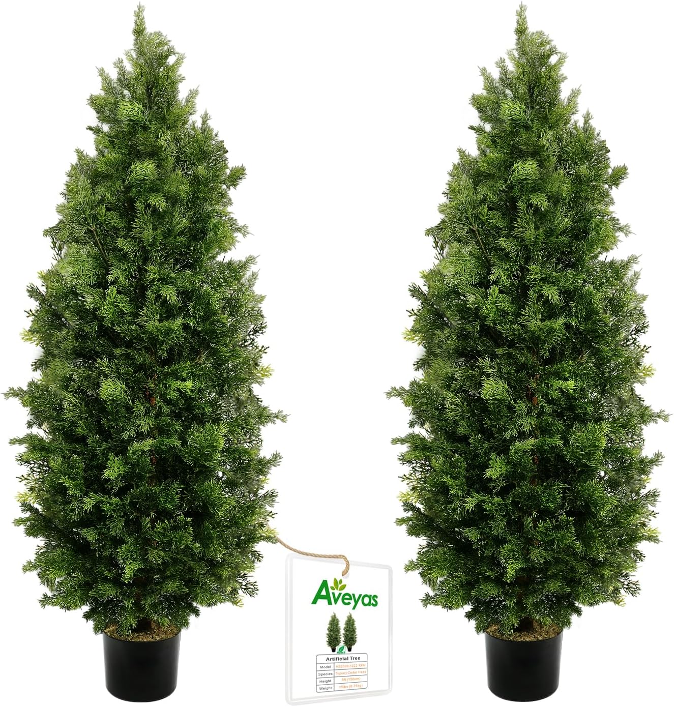 Aveyas 5ft Artificial Cedar Topiary Trees for Outdoor Front Porch Door, 5 Feet Faux Potted Plants Evergreen Fake Pine Cypress Tree for Outside Home Decor (5 ft Tall) - Set of 2 Pack