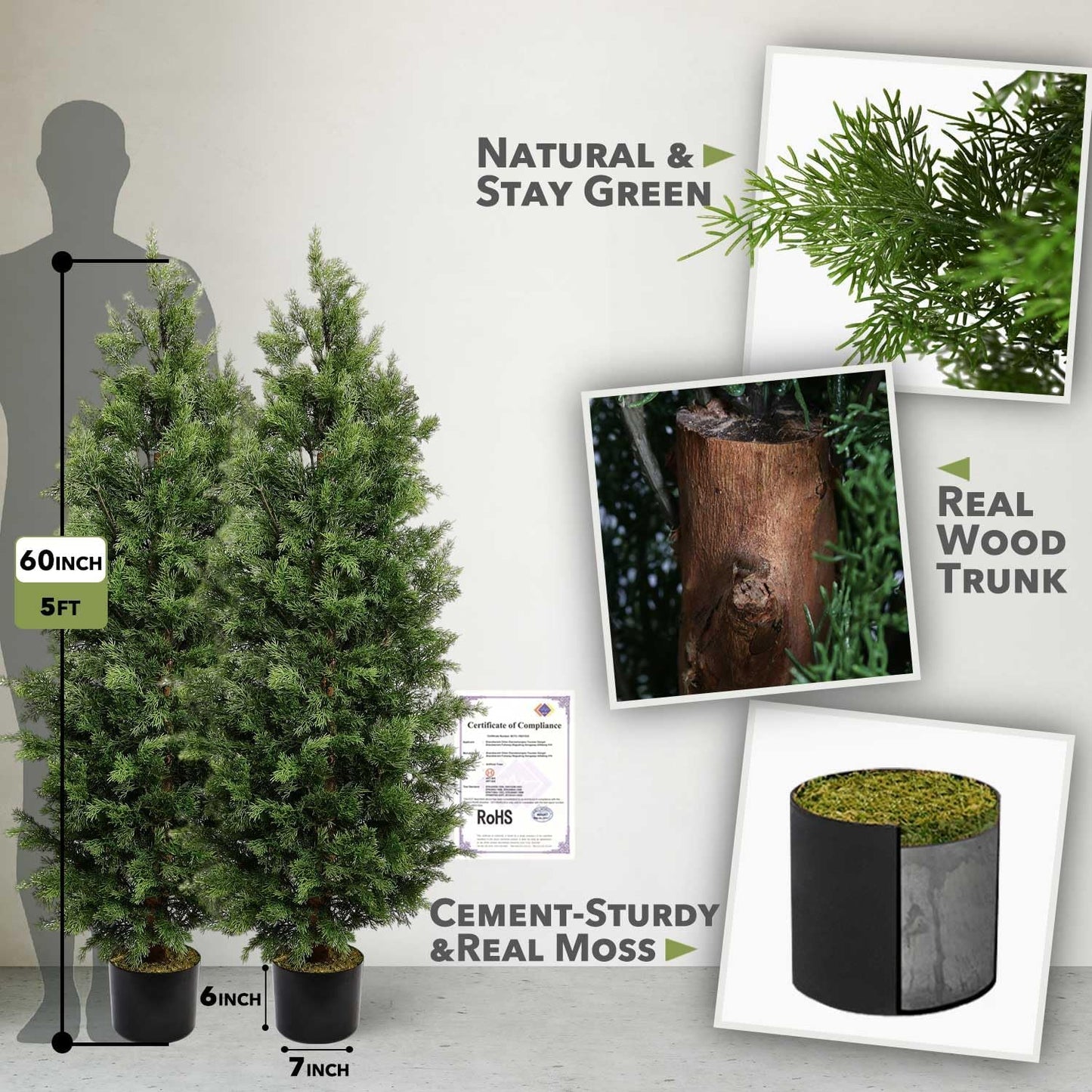Aveyas 5ft Artificial Cedar Topiary Trees for Outdoor Front Porch Door, 5 Feet Faux Potted Plants Evergreen Fake Pine Cypress Tree for Outside Home Decor (5 ft Tall) - Set of 2 Pack