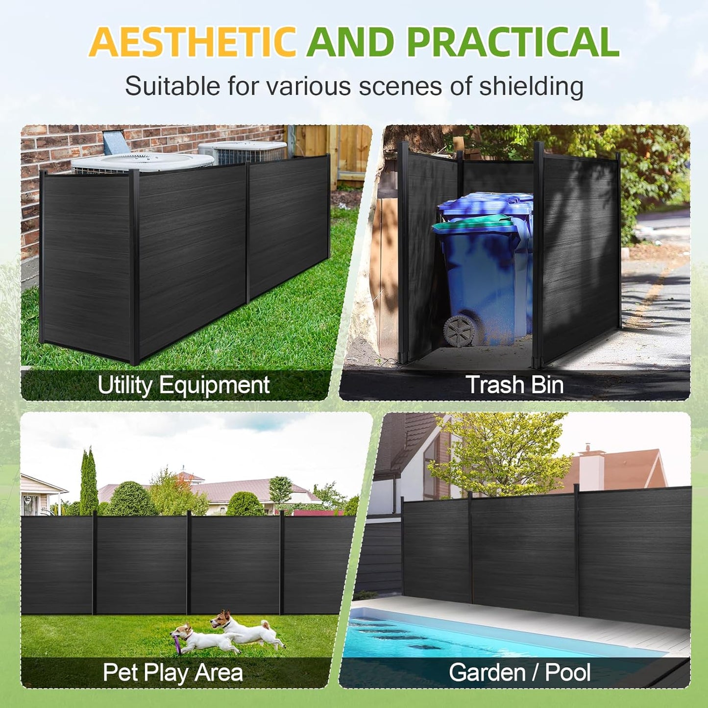 Fence Privacy Screen with 8ft In-ground Posts, 6ft(H) x 6ft(W) Wood Plastic Composite Fence Panels Weather-Resistant Outdoor Fence for Backyard/Garden (Black, 1 Post)