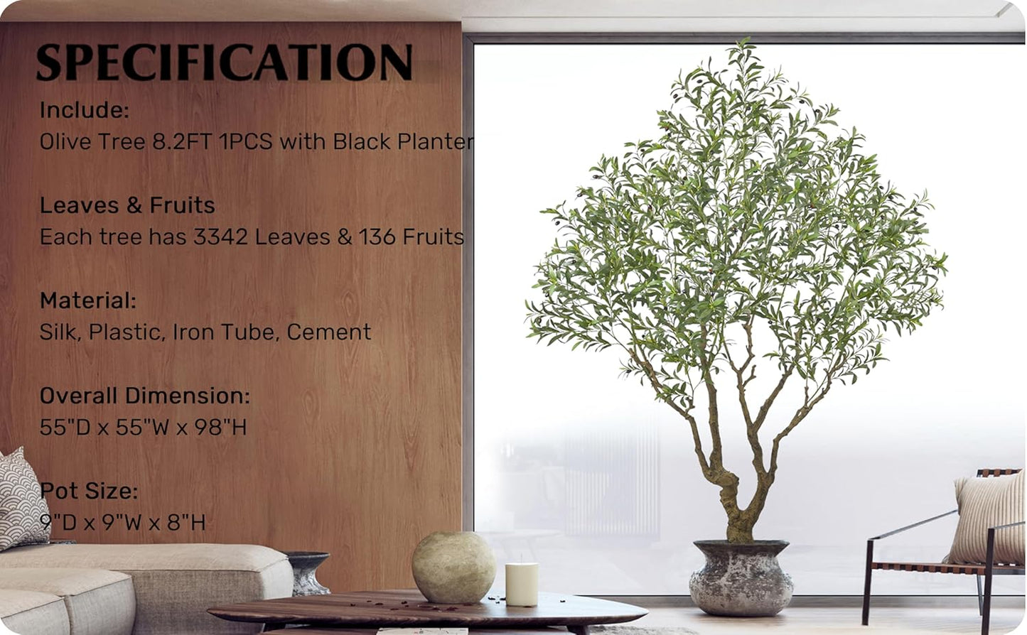 Artificial Olive Tree 8.2FT with 3342 Leaves & 136 Olive Fruits Deluxe Tall Large Faux Silk Plant 98 Inch Black Pot for Indoor Home Office Porch Mall Hotel School Decor Housewarming Gift