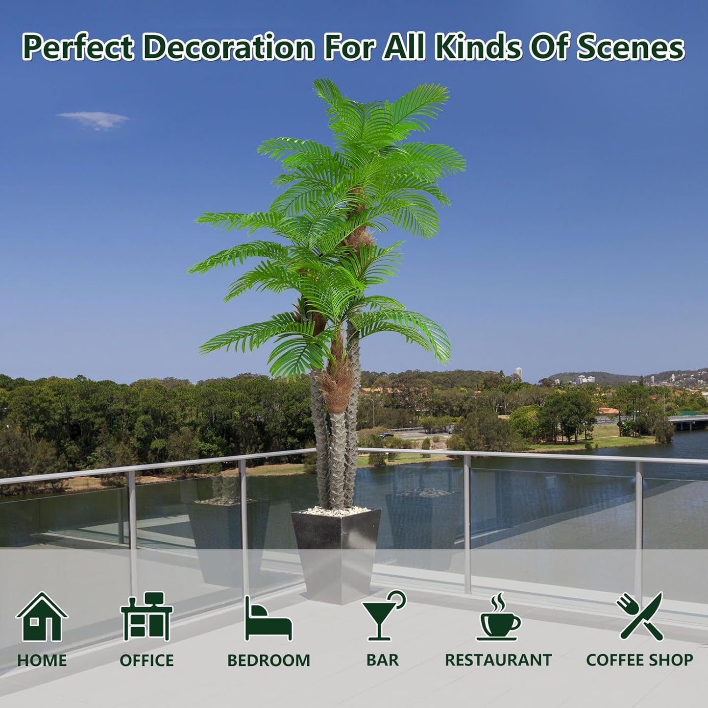 AnTing 8.5ft Artificial Palm Tree 102in Triple Tropical Palm Fake Plant Tree Outdoor Indoor in Pot Large Palm Plants for Living Room Front Porch Patio Pool Garden Home Office Decor Green