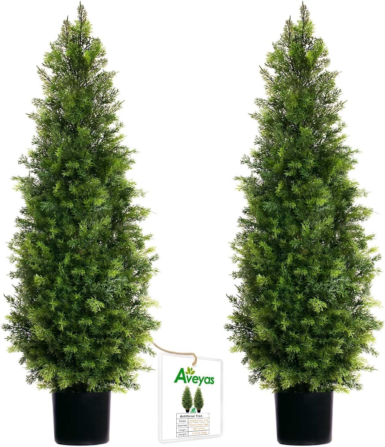 Aveyas 5ft Artificial Cedar Topiary Trees for Outdoor Front Porch Door, 5 Feet Faux Potted Plants Evergreen Fake Pine Cypress Tree for Outside Home Decor (5 ft Tall) - Set of 2 Pack