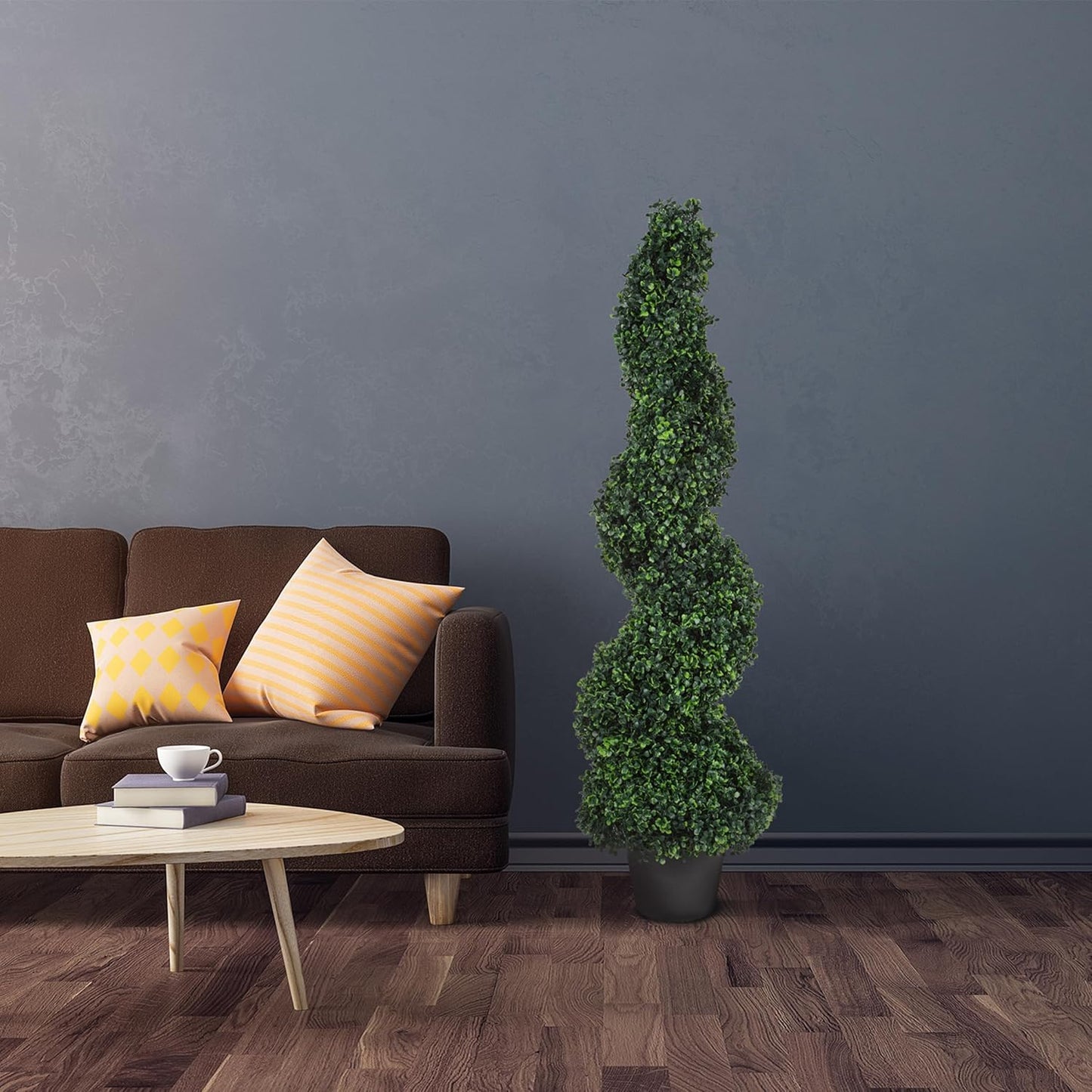 Pure Garden Faux Tree Boxwood Topiary Plant (Set of 2) - 50-Inch Spiral Artificial Tree with Realistic Leaves and Planter - Indoor and Outdoor Artificial Plants for Home Decor