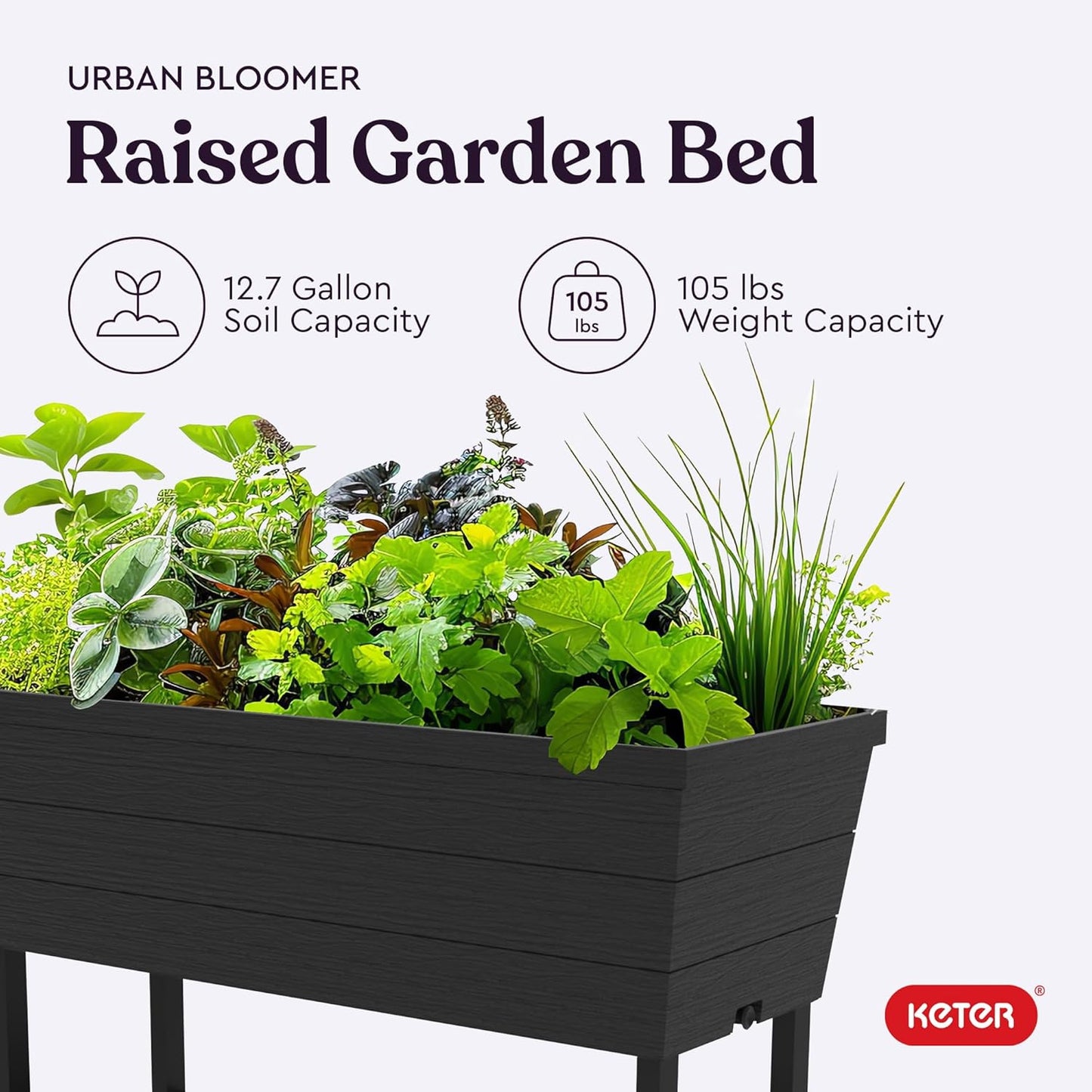 Keter Urban Bloomer 12.7 Gallon Raised Garden Bed and Outdoor Herb Garden Planter with Self Watering Gauge and Drainage Plug, Dark Grey