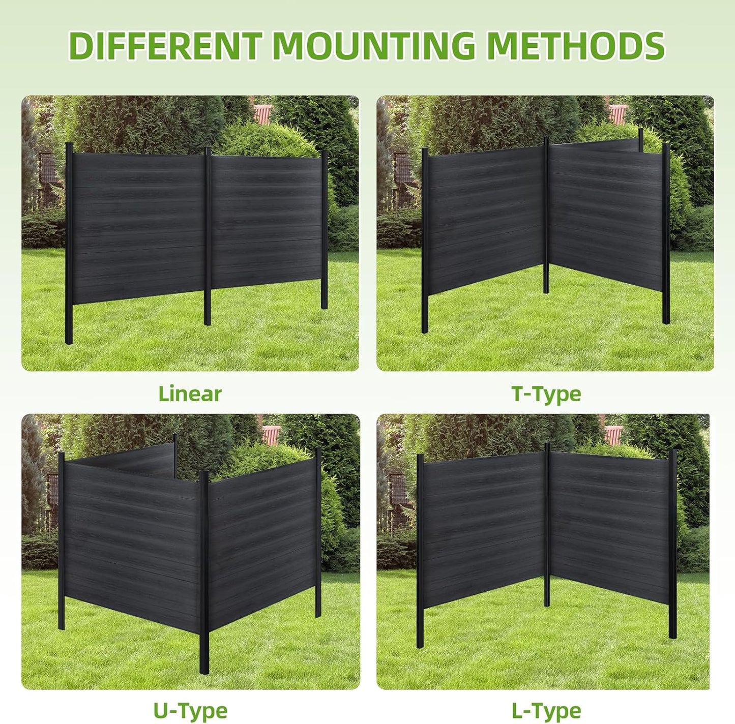 Fence Privacy Screen with 8ft In-ground Posts, 6ft(H) x 6ft(W) Wood Plastic Composite Fence Panels Weather-Resistant Outdoor Fence for Backyard/Garden (Black, 1 Post)