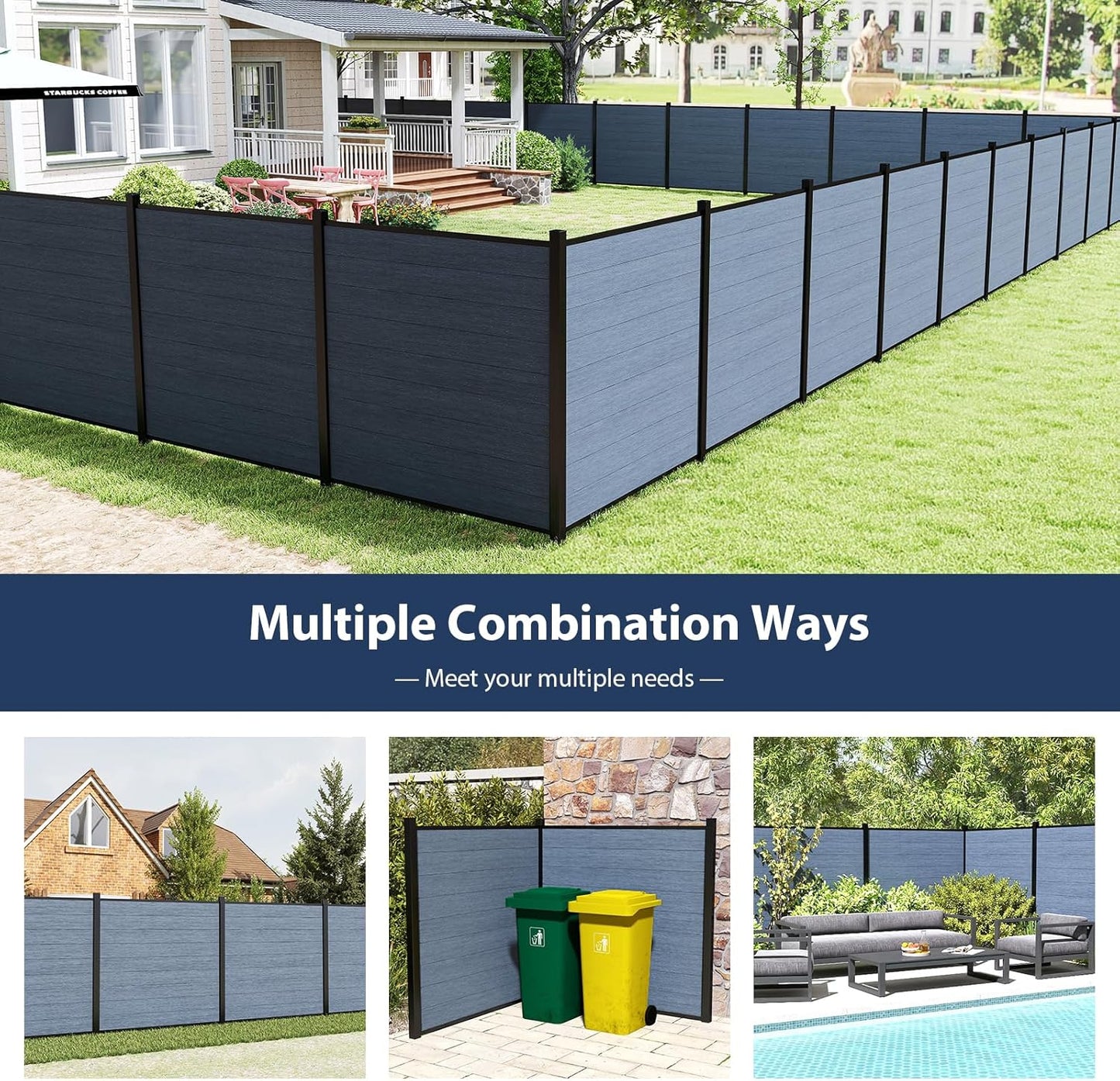 72" W x 72" H Outdoor Privacy Fence with Sturdy Alloy Post, Tall Wind Resistant Fence Covering Privacy, Wood Plastic Composite Fencing for Yard Backyard Garden and Swimming Pool(Grey)