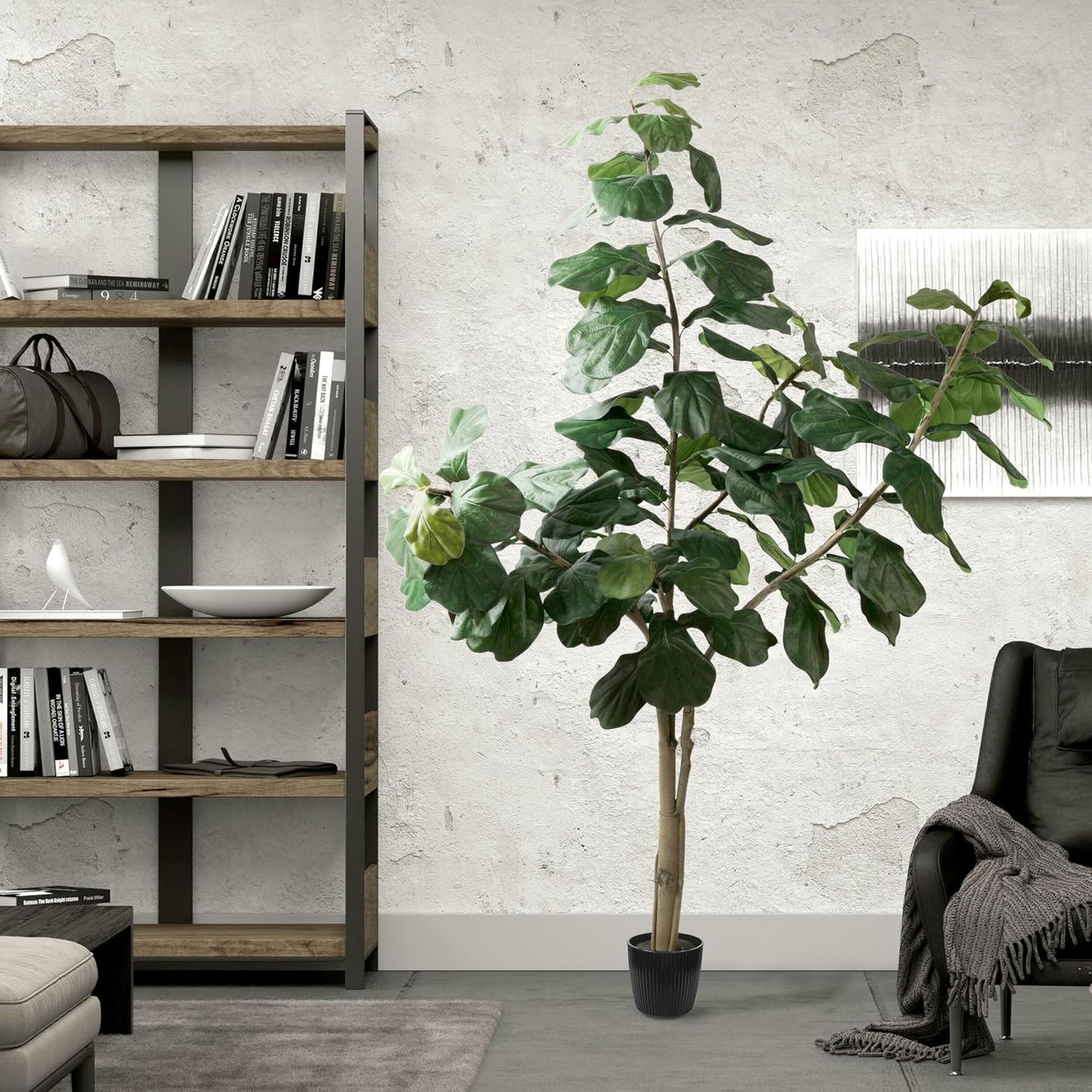 Vickerman 8ft Artificial Potted Fiddle Tree - 114 Large Fiddle Leaves - Green Silk - Artificial Indoor Fiddle Plant - Single Stem - Home Office Decor - Living Room Decor