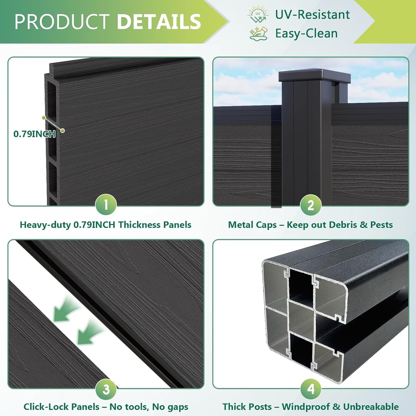 Privacy Fence for Outside, 6Ft(W) Outdoor Privacy Panels with 7.6Ft In-ground Post, Wood Plastic Composite Fencing for Patio, Backyard, Garden and Swimming Pool (Silver Gray with 1 Post)