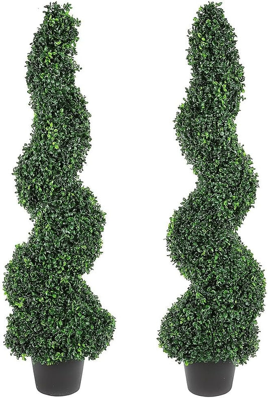 Pure Garden Faux Tree Boxwood Topiary Plant (Set of 2) - 50-Inch Spiral Artificial Tree with Realistic Leaves and Planter - Indoor and Outdoor Artificial Plants for Home Decor