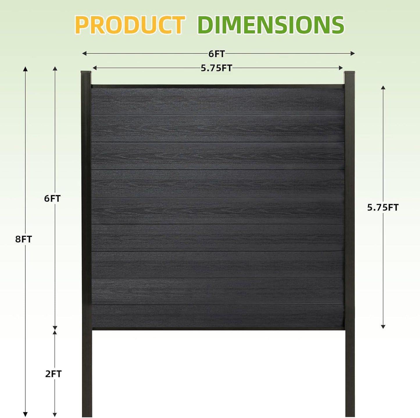 Fence Privacy Screen with 8ft In-ground Posts, 6ft(H) x 6ft(W) Wood Plastic Composite Fence Panels Weather-Resistant Outdoor Fence for Backyard/Garden (Black, 1 Post)