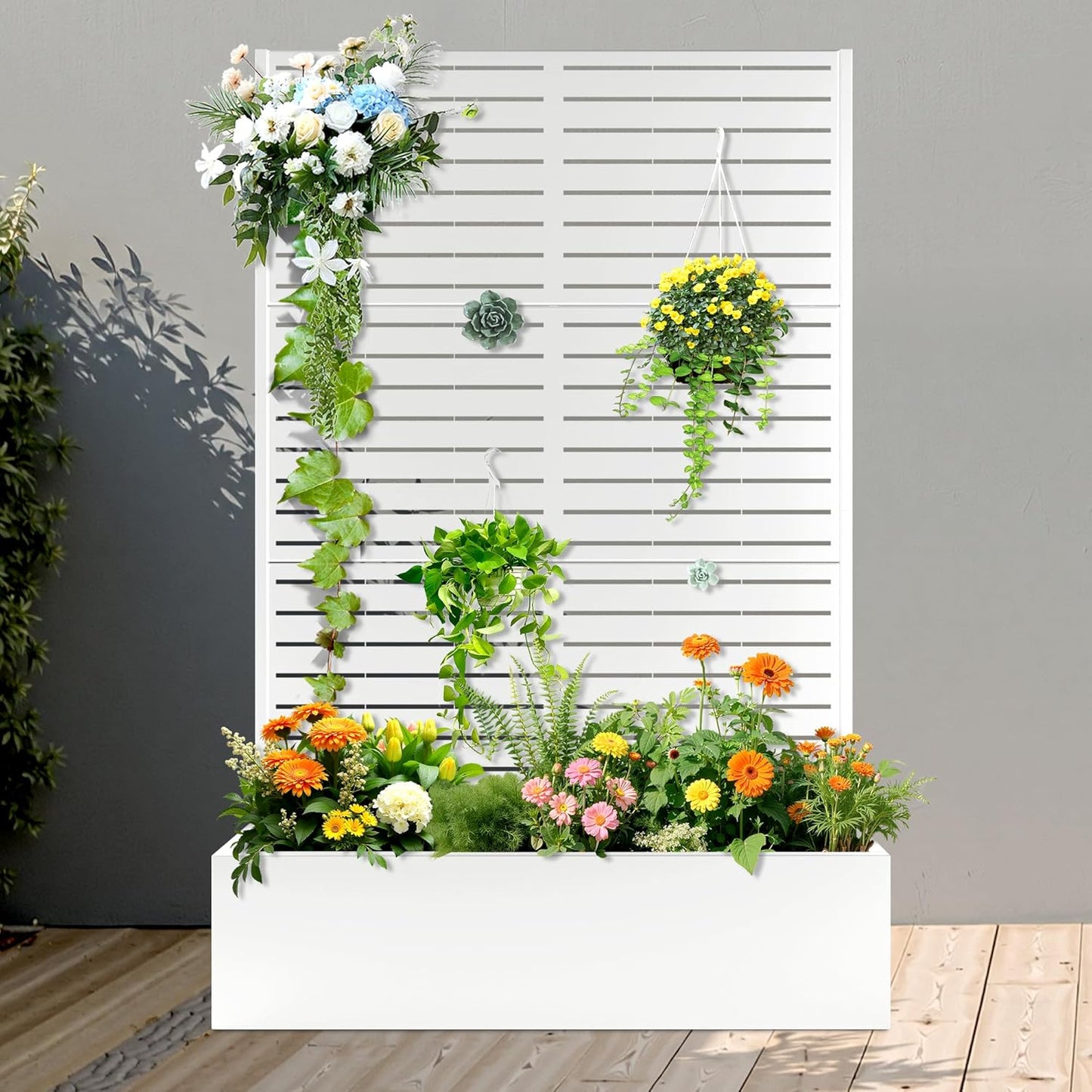 FENCY Metal Raised Garden Bed with Trellis, Metal Planter Box with Trellis, Garden Box for Climbing Plants Vegetable, 47" Lx16 Wx71 H Garden Bed with Drainage Holes(Black-Louvered)