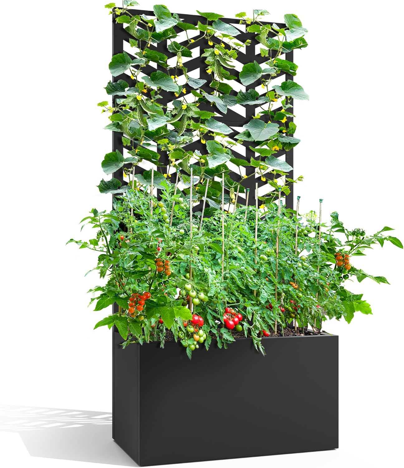 FENCY Metal Raised Garden Bed with Trellis, Metal Planter Box with Trellis, Garden Box for Climbing Plants Vegetable, 47" Lx16 Wx71 H Garden Bed with Drainage Holes(Black-Louvered)