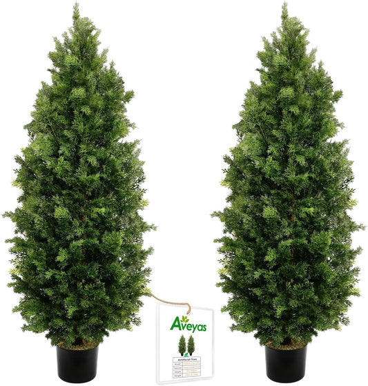 Aveyas 5ft Artificial Cedar Topiary Trees for Outdoor Front Porch Door, 5 Feet Faux Potted Plants Evergreen Fake Pine Cypress Tree for Outside Home Decor (5 ft Tall) - Set of 2 Pack