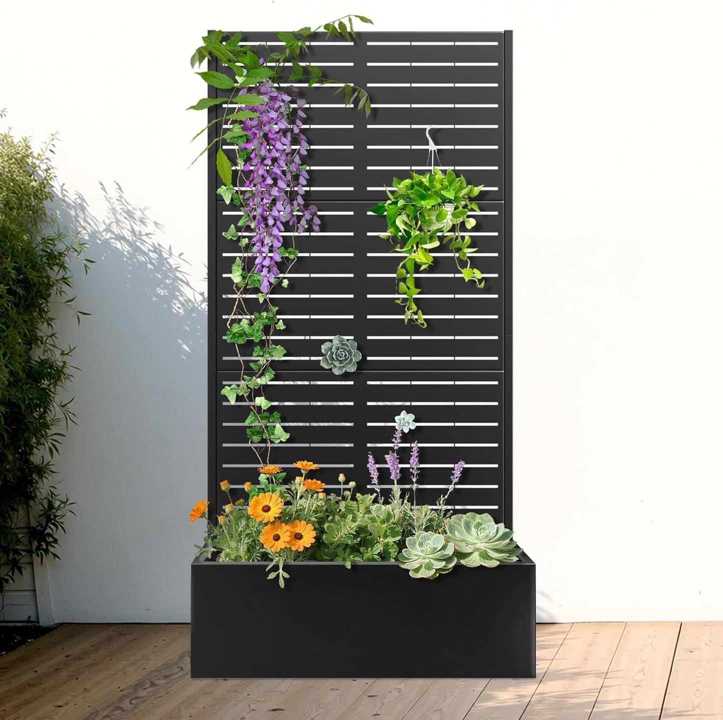 FENCY Metal Raised Garden Bed with Trellis, Metal Planter Box with Trellis, Garden Box for Climbing Plants Vegetable, 47" Lx16 Wx71 H Garden Bed with Drainage Holes(Black-Louvered)