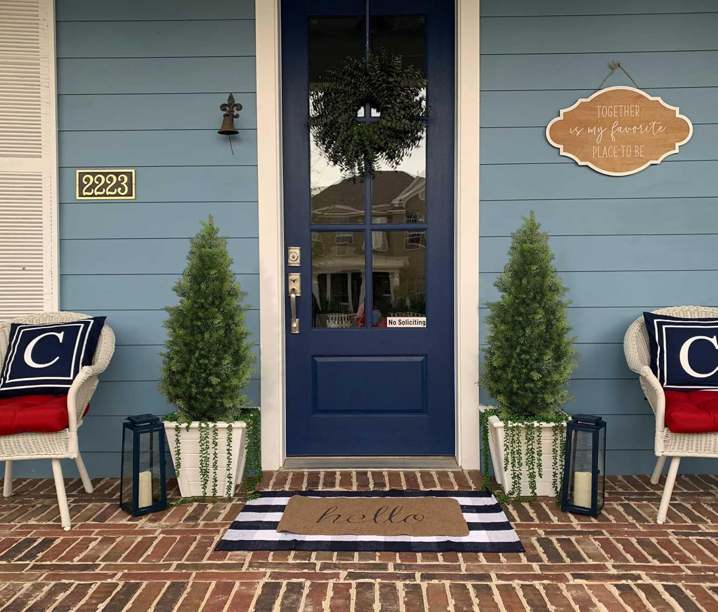 Aveyas 5ft Artificial Cedar Topiary Trees for Outdoor Front Porch Door, 5 Feet Faux Potted Plants Evergreen Fake Pine Cypress Tree for Outside Home Decor (5 ft Tall) - Set of 2 Pack