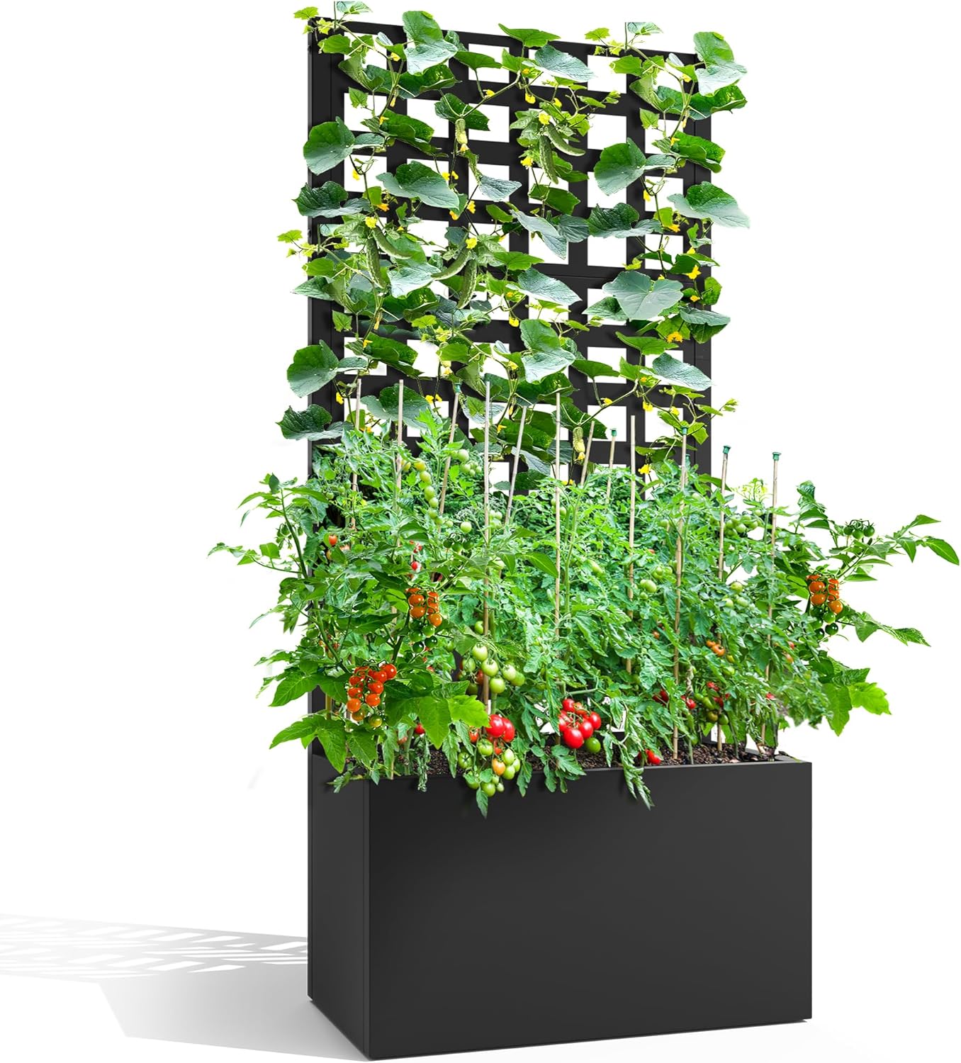 FENCY Metal Raised Garden Bed with Trellis, Metal Planter Box with Trellis, Garden Box for Climbing Plants Vegetable, 47" Lx16 Wx71 H Garden Bed with Drainage Holes(Black-Louvered)
