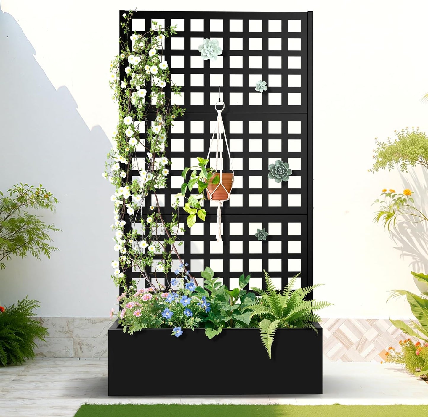 FENCY Metal Raised Garden Bed with Trellis, Metal Planter Box with Trellis, Garden Box for Climbing Plants Vegetable, 47" Lx16 Wx71 H Garden Bed with Drainage Holes(Black-Louvered)