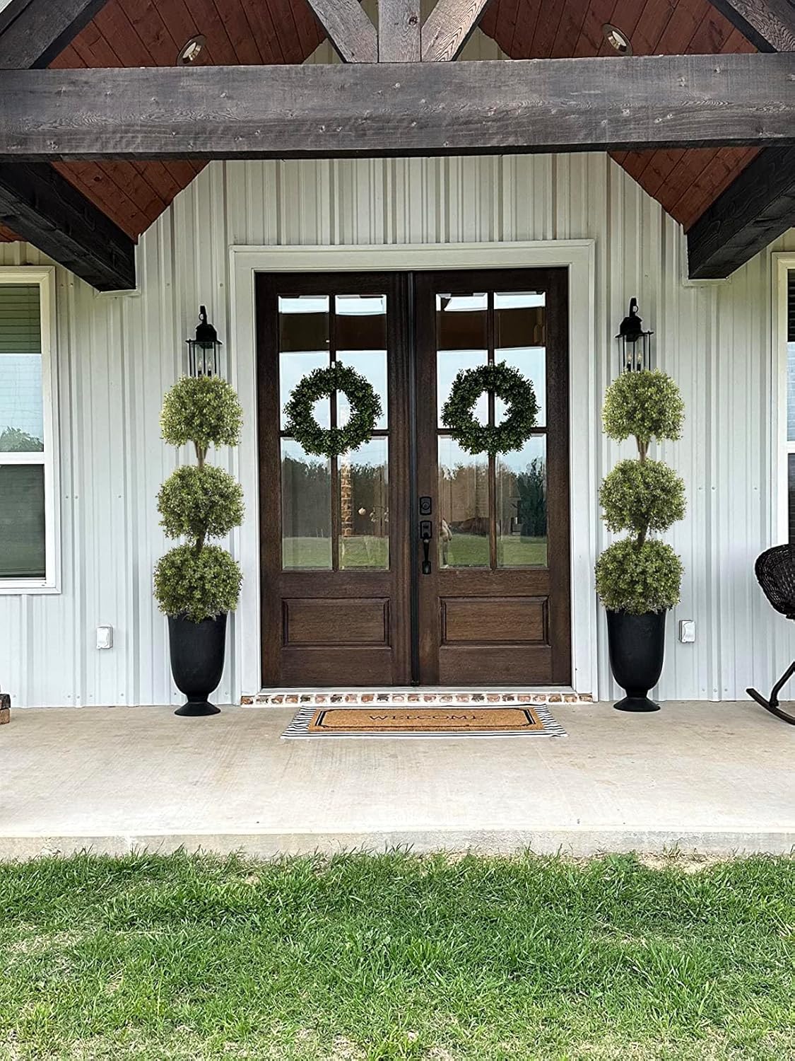 ALL SEASON GREEN 56'' Large Triple Ball Artificial Topiaries Tree UV Pre-Potted Outdoor Plants Porch Decor 2 Pack