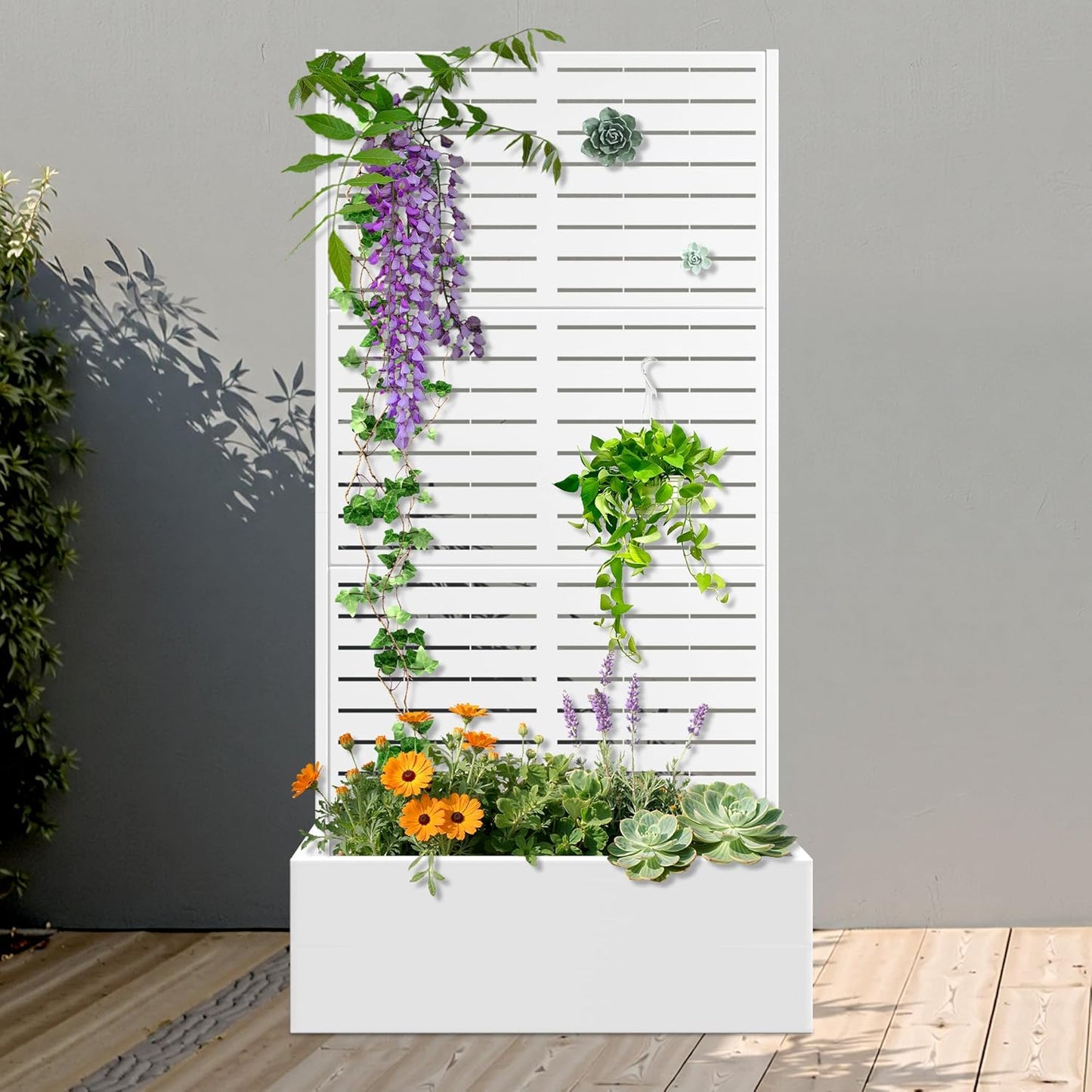 FENCY Metal Raised Garden Bed with Trellis, Metal Planter Box with Trellis, Garden Box for Climbing Plants Vegetable, 47" Lx16 Wx71 H Garden Bed with Drainage Holes(Black-Louvered)