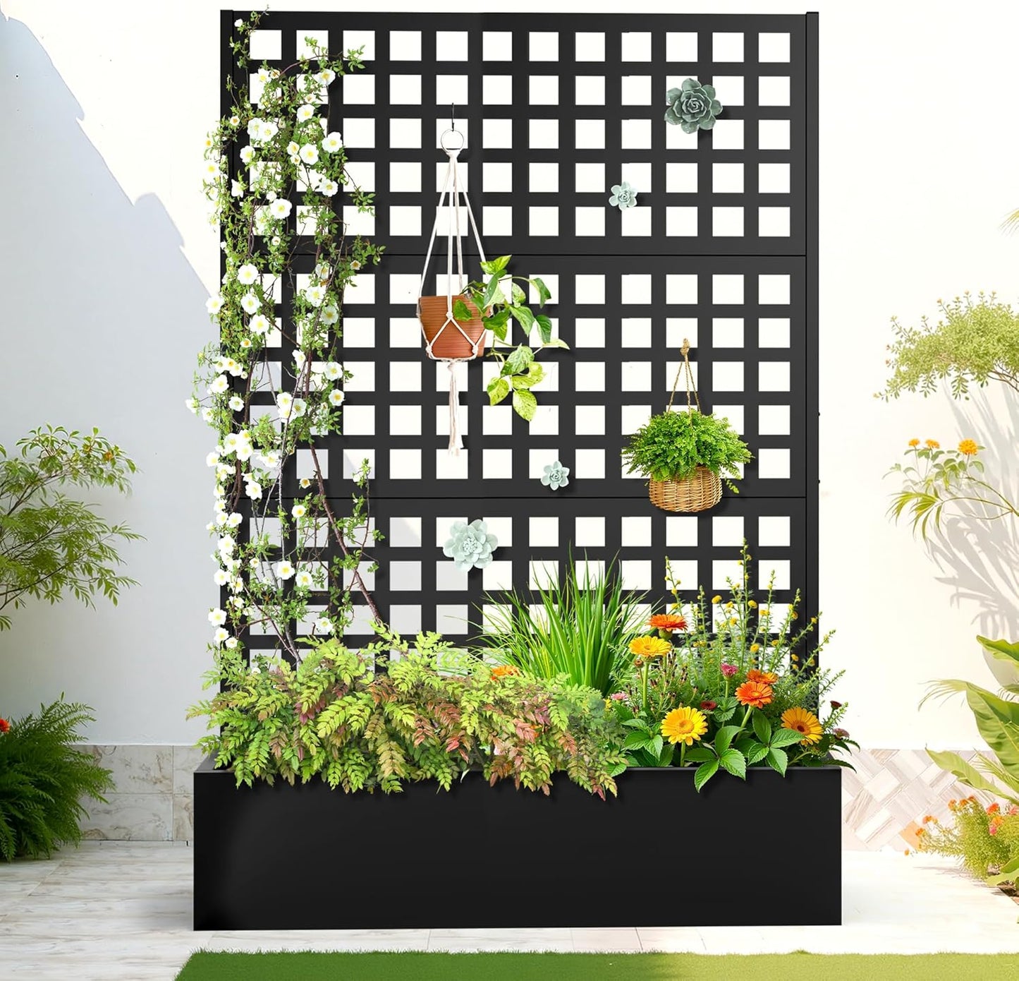 FENCY Metal Raised Garden Bed with Trellis, Metal Planter Box with Trellis, Garden Box for Climbing Plants Vegetable, 47" Lx16 Wx71 H Garden Bed with Drainage Holes(Black-Louvered)