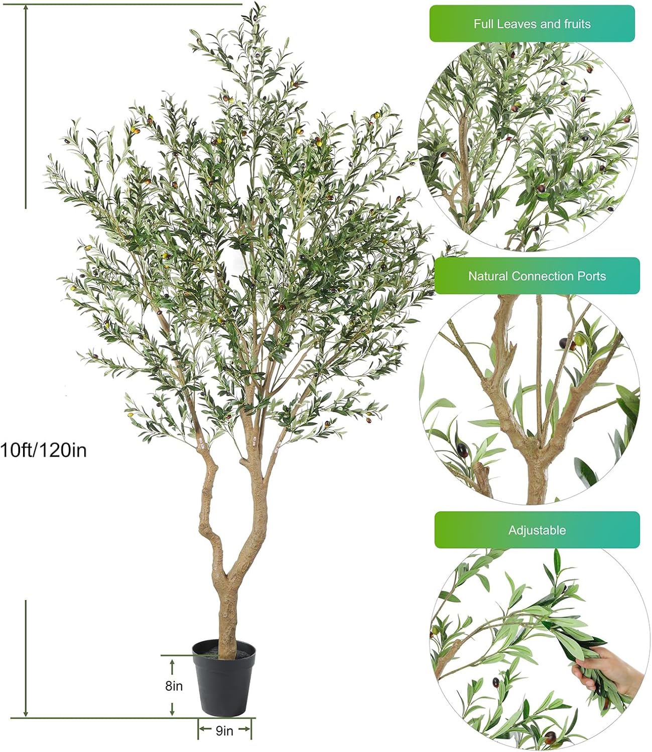 Tall Faux Olive Tree，10ft（120in） Realistic Potted Silk Artificial Olive Tree， Fake Olive Trees Indoor with Green Leaves and Big Fruits for Home Office Living Room Stairs Patio Decor.