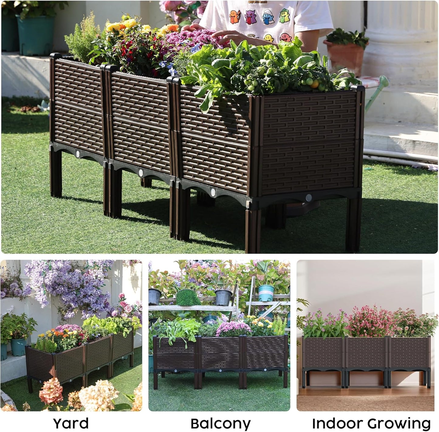 47x15x19in Raised Garden Beds Outdoor, Polypropylene Elevated Planter Boxes Outdoor for Vegetables, Flowers, Herbs, Garden Box with Drain Outlet, Heat and Frost Resistance Planters, 300lb Capacity